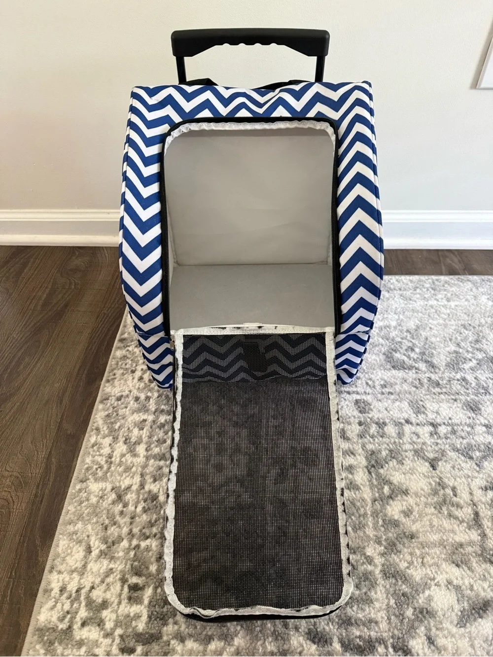 Rolling Pet Carrier with Blue Chevron Print